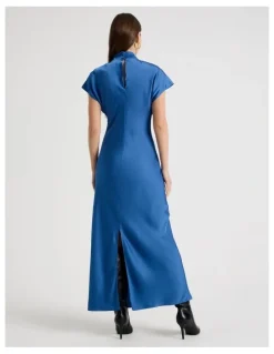Blaq Satin Mock Neck Midi Dress in Blue