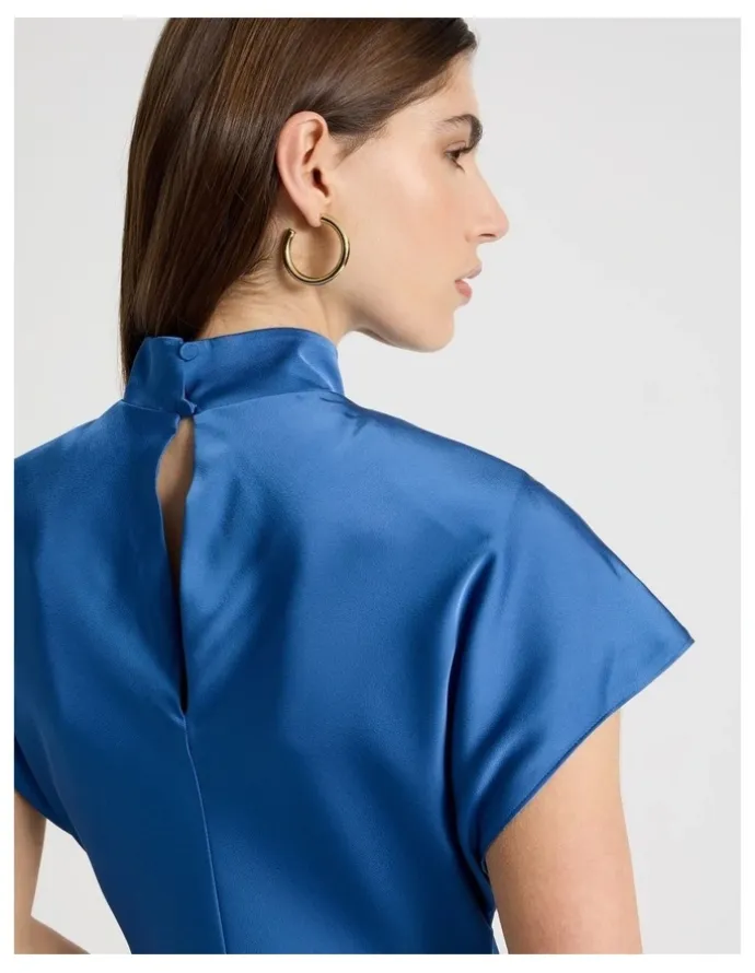 Blaq Satin Mock Neck Midi Dress in Blue