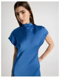 Blaq Satin Mock Neck Midi Dress in Blue