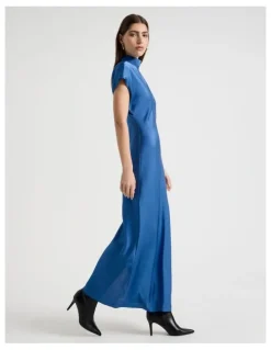 Blaq Satin Mock Neck Midi Dress in Blue