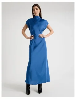 Blaq Satin Mock Neck Midi Dress in Blue
