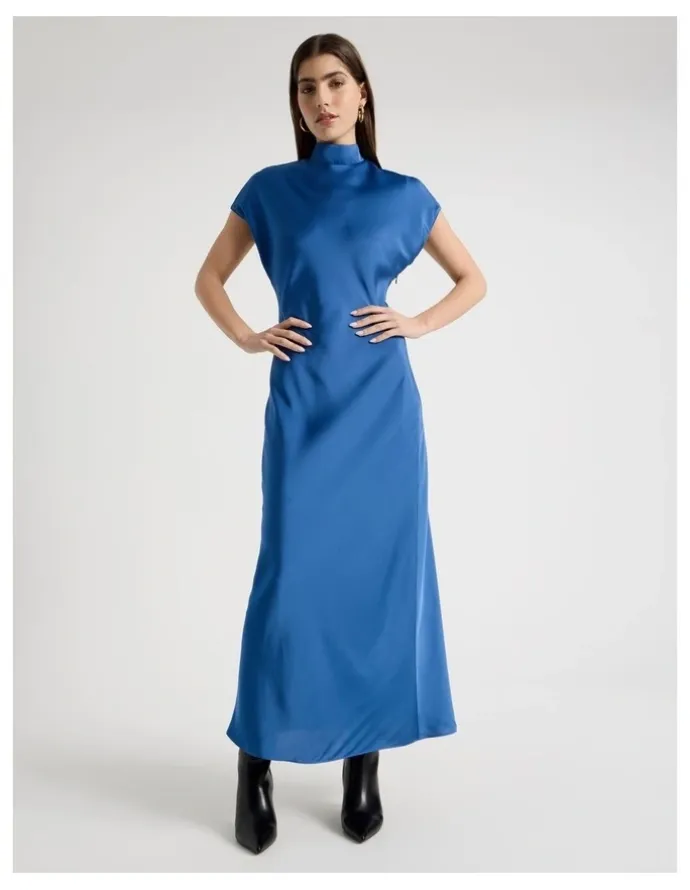 Blaq Satin Mock Neck Midi Dress in Blue