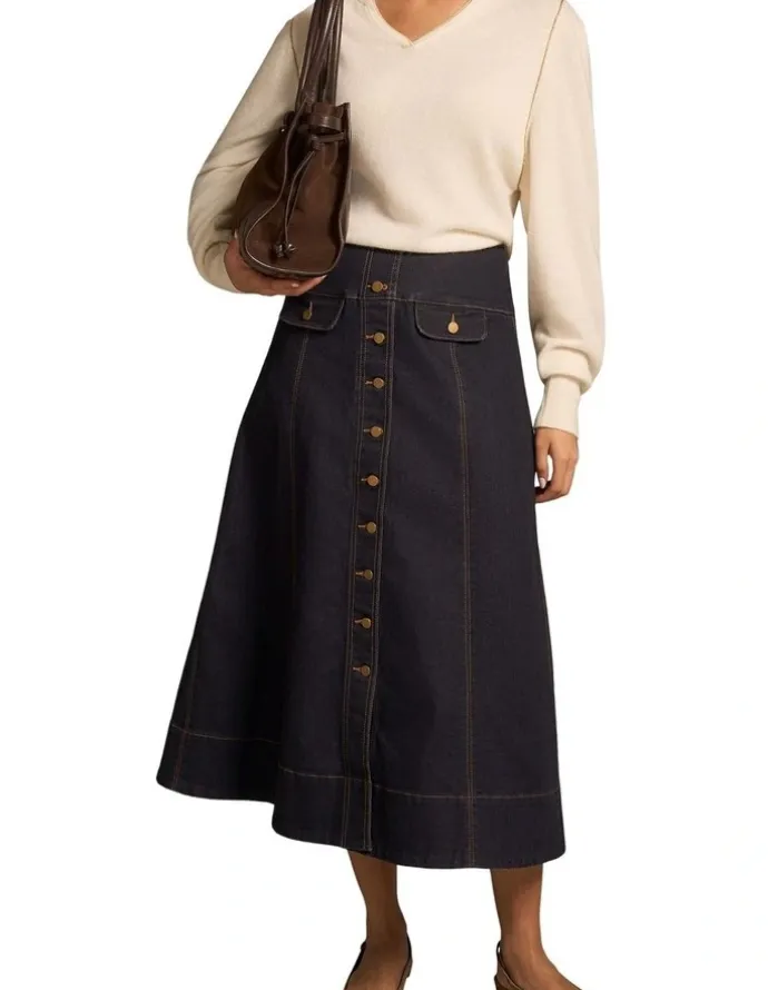 Blue Illusion Button Front Denim Skirt - Dark Denim