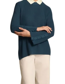 Blue Illusion Button Sleeve Detail Knit - Steel Blue