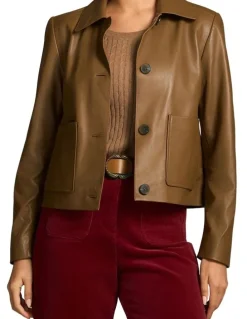 Blue Illusion Buttoned Leather Jacket - Tan