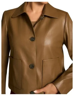 Blue Illusion Buttoned Leather Jacket - Tan