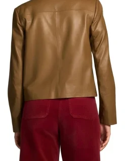 Blue Illusion Buttoned Leather Jacket - Tan