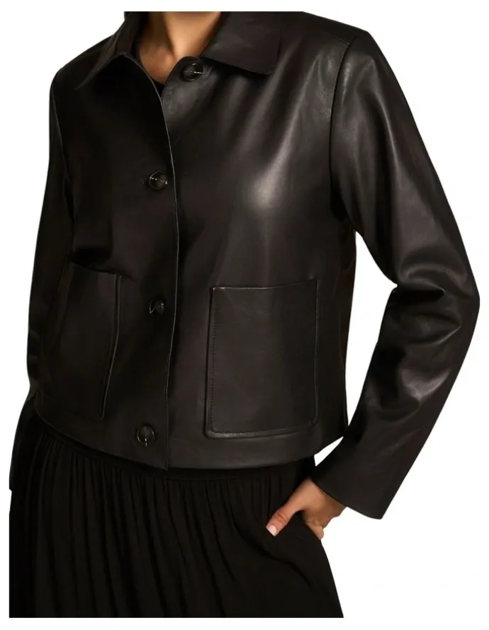 Blue Illusion Buttoned Leather Jacket - Black