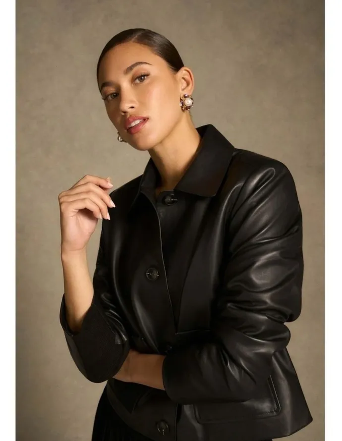 Blue Illusion Buttoned Leather Jacket - Black