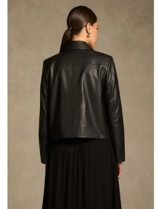 Blue Illusion Buttoned Leather Jacket - Black