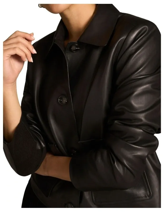 Blue Illusion Buttoned Leather Jacket - Black