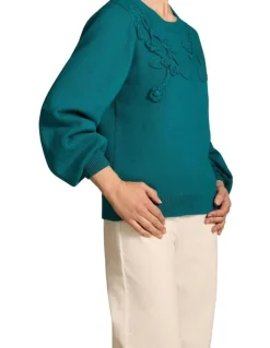 Blue Illusion Cascading Applique Knit - Teal Green