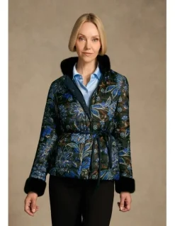 Blue Illusion Fur Trim Reversible Puffer - Indigo Chintz Print
