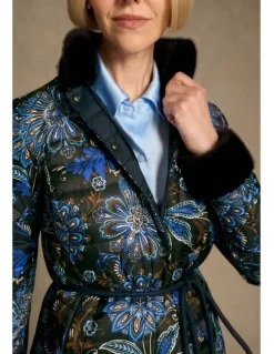 Blue Illusion Fur Trim Reversible Puffer - Indigo Chintz Print