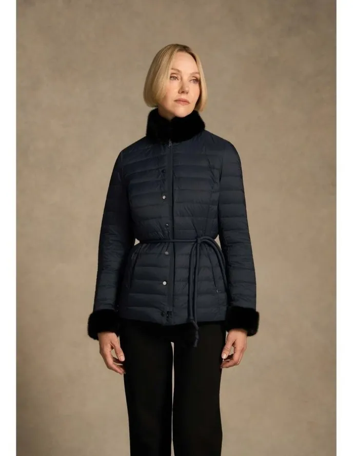 Blue Illusion Fur Trim Reversible Puffer - Indigo Chintz Print