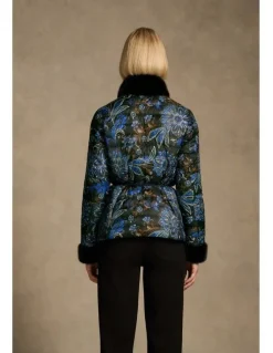 Blue Illusion Fur Trim Reversible Puffer - Indigo Chintz Print