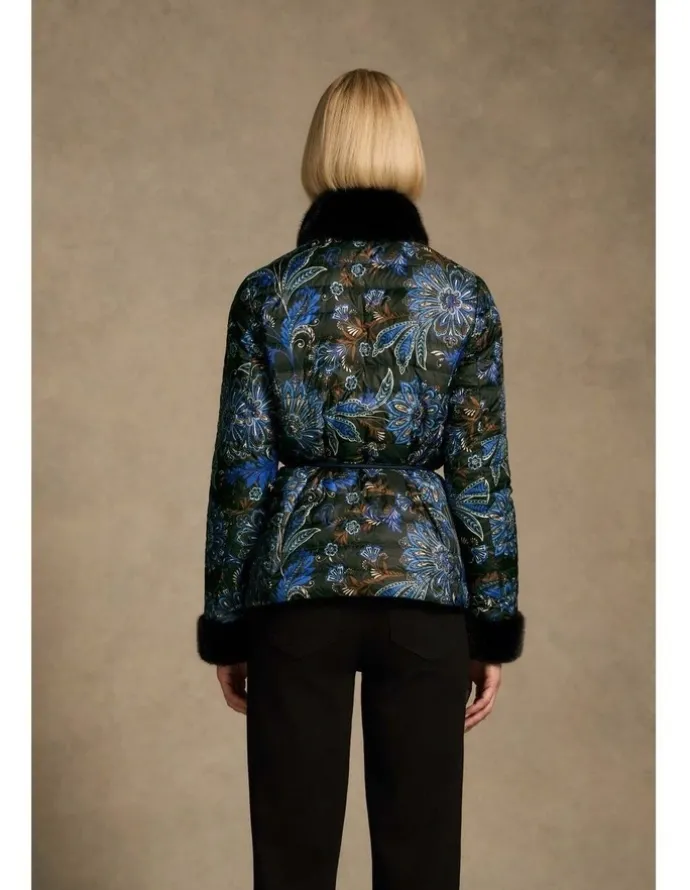 Blue Illusion Fur Trim Reversible Puffer - Indigo Chintz Print