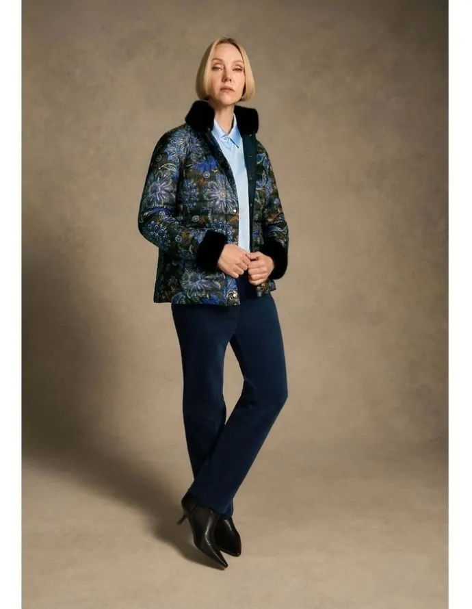 Blue Illusion Fur Trim Reversible Puffer - Indigo Chintz Print