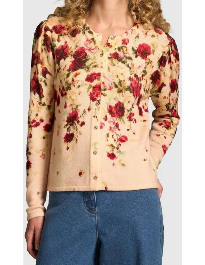 Blue Illusion Printed Wool Cardigan - Sweet Blossoms Print