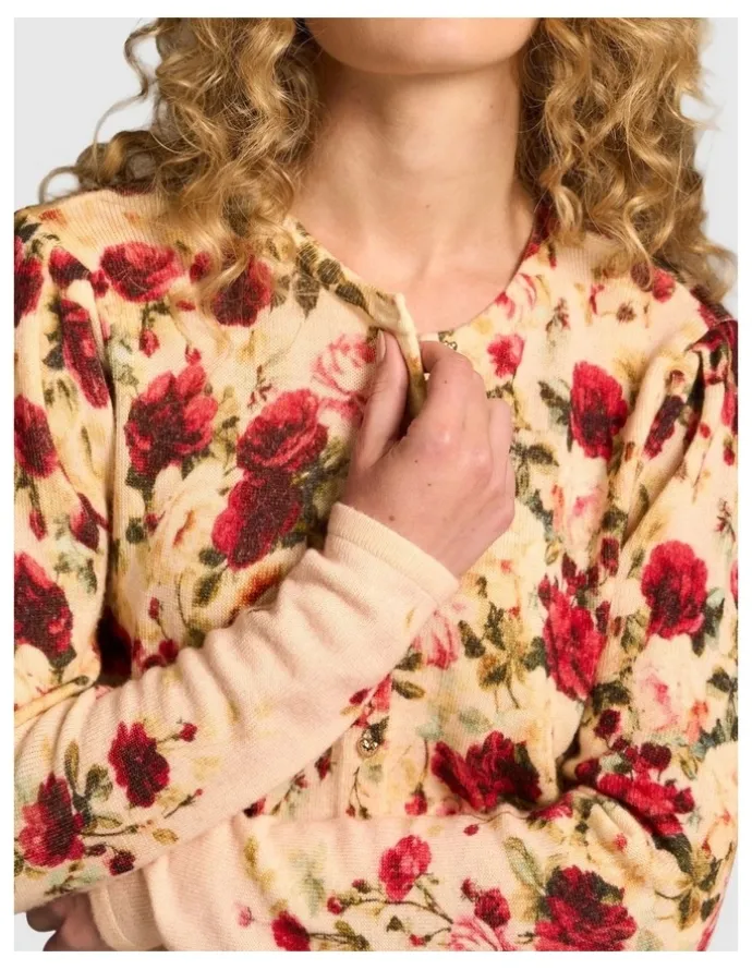 Blue Illusion Printed Wool Cardigan - Sweet Blossoms Print