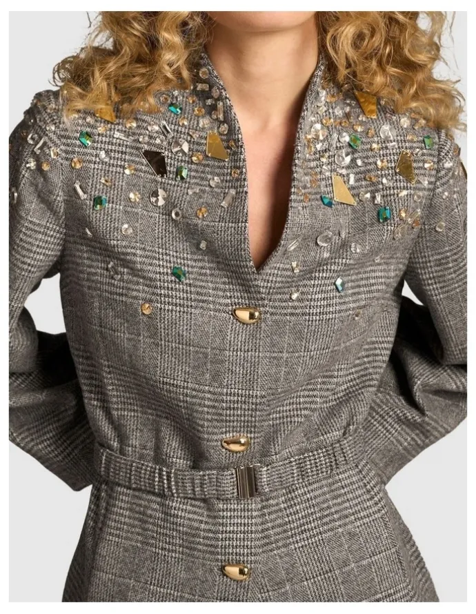 Blue Illusion Sculpted Beaded Check Jacket - Glen Check