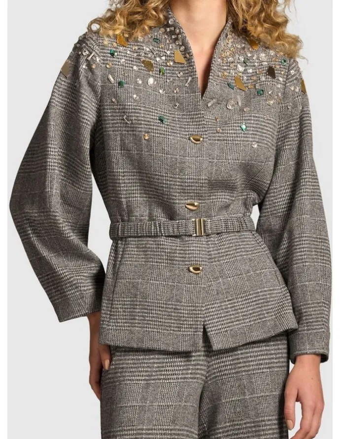 Blue Illusion Sculpted Beaded Check Jacket - Glen Check