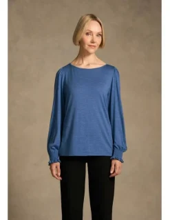 Blue Illusion Shirred Cuff Merino Top - Bluebell Marle