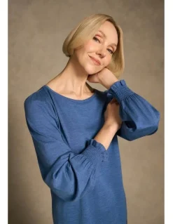 Blue Illusion Shirred Cuff Merino Top - Bluebell Marle