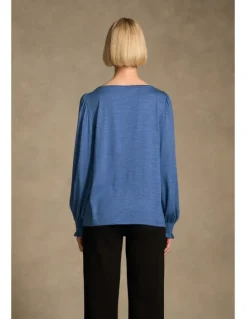 Blue Illusion Shirred Cuff Merino Top - Bluebell Marle