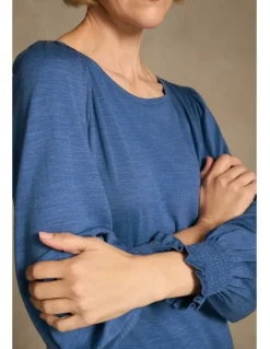 Blue Illusion Shirred Cuff Merino Top - Bluebell Marle