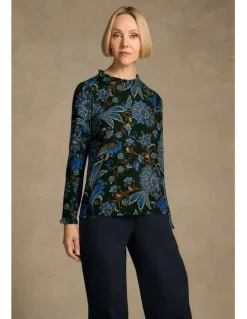 Blue Illusion Soft Frill Detail Top - Indigo Chintz Print