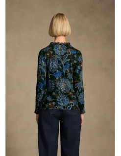 Blue Illusion Soft Frill Detail Top - Indigo Chintz Print