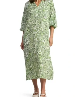 Blue Illusion Blouson Sleeve Shift Dress - Green Paisley Print