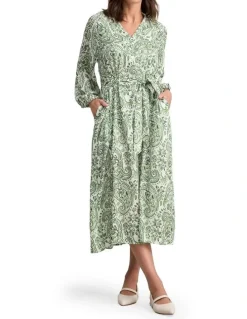 Blue Illusion Blouson Sleeve Shift Dress - Green Paisley Print