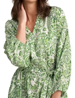 Blue Illusion Blouson Sleeve Shift Dress - Green Paisley Print