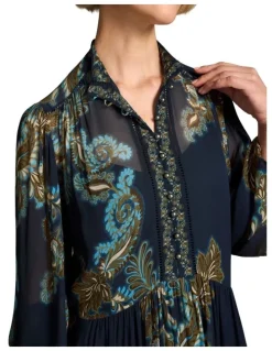 Blue Illusion Border Print Dress - Ink Paisley Print