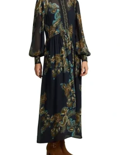 Blue Illusion Border Print Dress - Ink Paisley Print