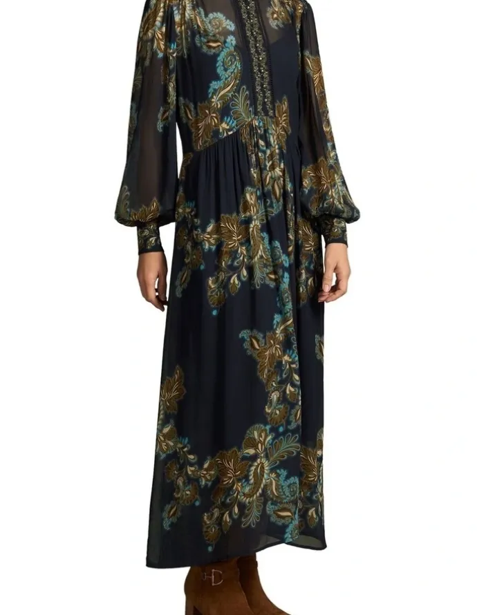 Blue Illusion Border Print Dress - Ink Paisley Print