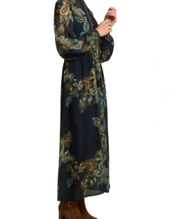 Blue Illusion Border Print Dress - Ink Paisley Print