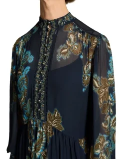 Blue Illusion Border Print Dress - Ink Paisley Print