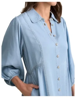 Blue Illusion Chambray Puff Sleeve Dress - Light Chambray