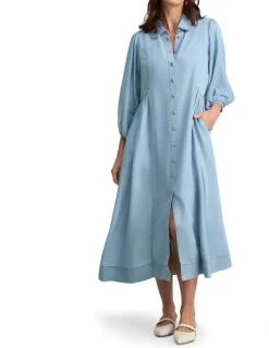 Blue Illusion Chambray Puff Sleeve Dress - Light Chambray