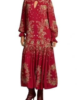 Blue Illusion Knot Neck Midi Dress - Crimson Bloom Print