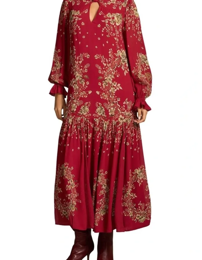 Blue Illusion Knot Neck Midi Dress - Crimson Bloom Print