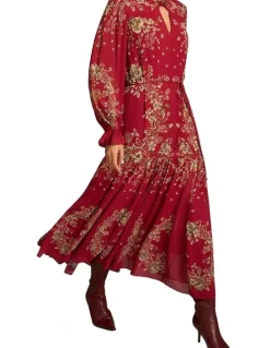 Blue Illusion Knot Neck Midi Dress - Crimson Bloom Print