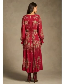 Blue Illusion Knot Neck Midi Dress - Crimson Bloom Print