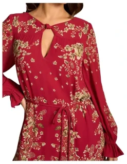 Blue Illusion Knot Neck Midi Dress - Crimson Bloom Print