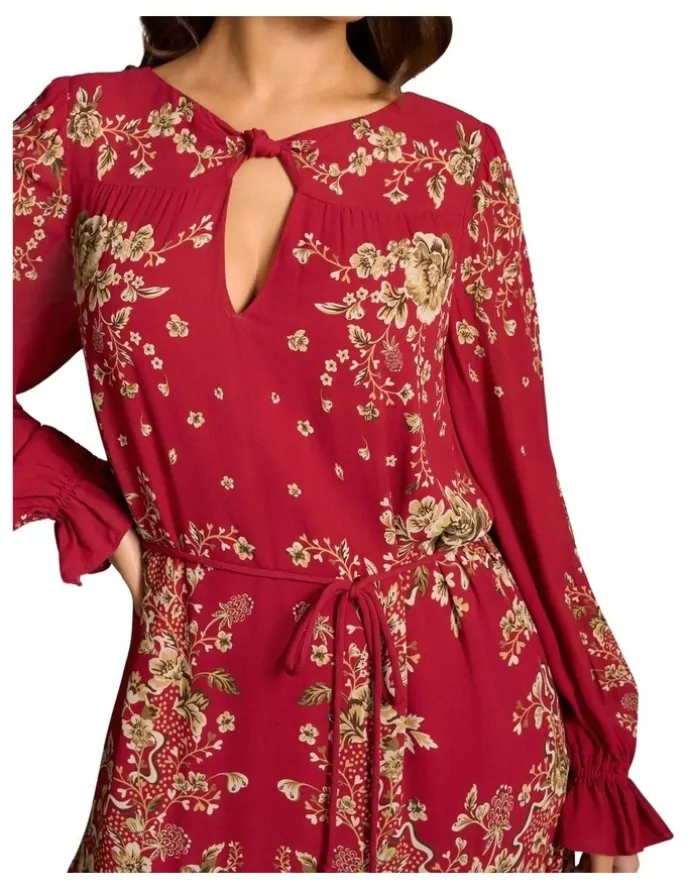 Blue Illusion Knot Neck Midi Dress - Crimson Bloom Print