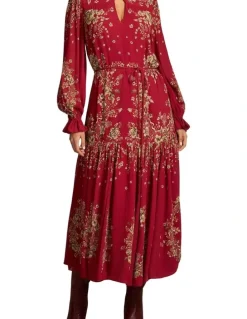 Blue Illusion Knot Neck Midi Dress - Crimson Bloom Print