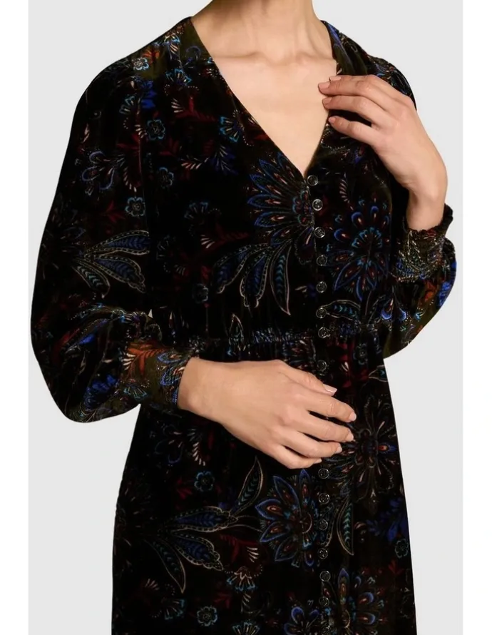 Blue Illusion Printed Velvet Tier Dress - Indigo Chintz Print